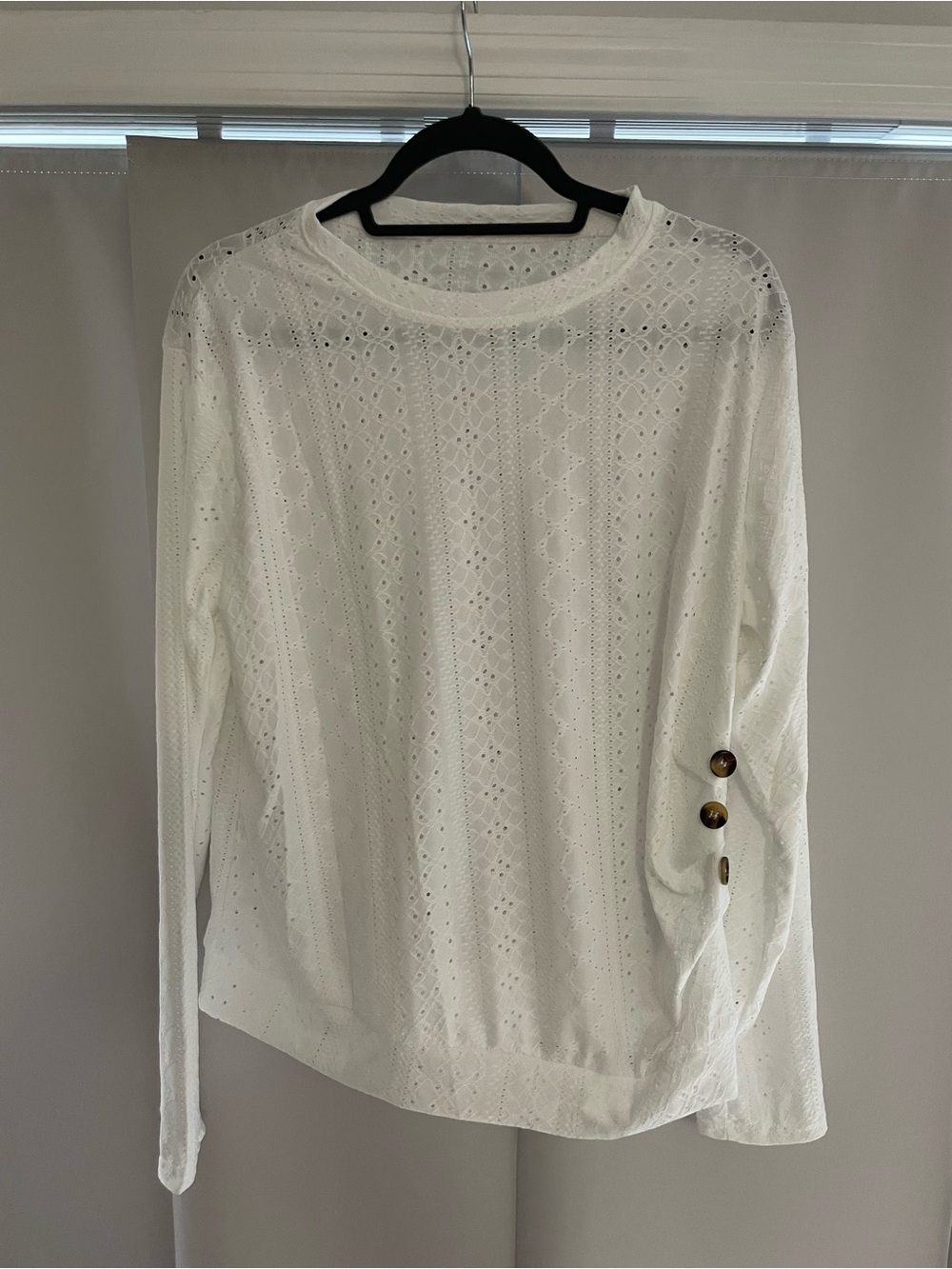 White Eyelet Long-Sleeve Top with Button Cuff